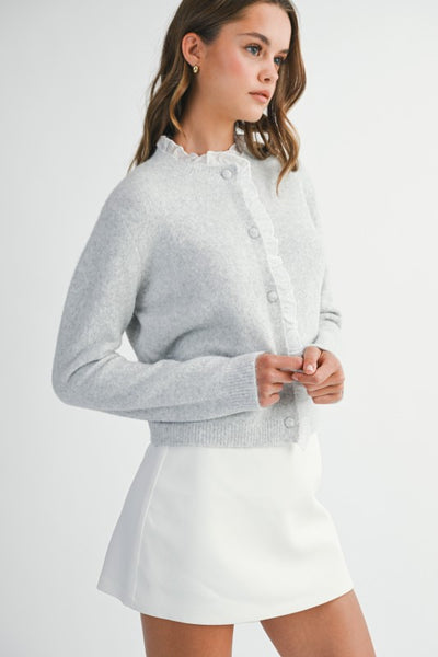 Contrast Ruffle Trim Cardigan - Grey