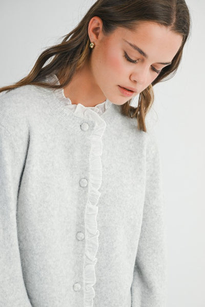 Contrast Ruffle Trim Cardigan - Grey