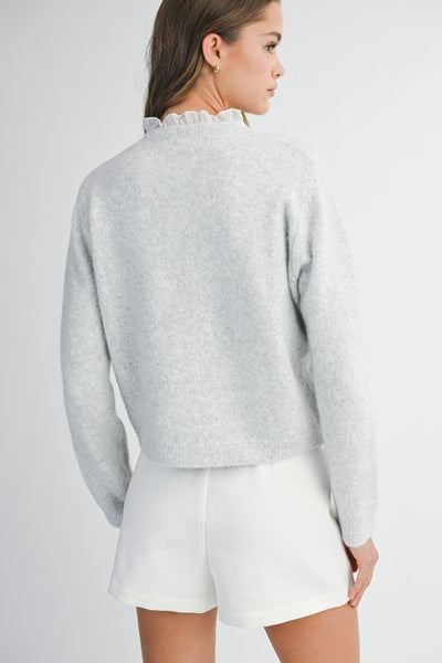 Contrast Ruffle Trim Cardigan - Grey