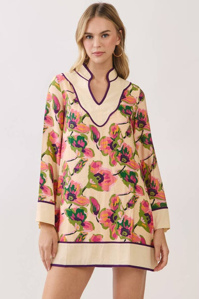 Contrast Trim Shift Mini Dress - Floral Print