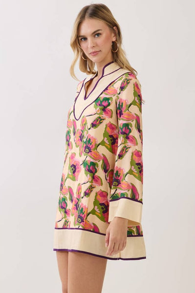 Contrast Trim Shift Mini Dress - Floral Print