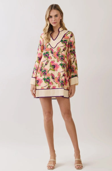 Contrast Trim Shift Mini Dress - Floral Print