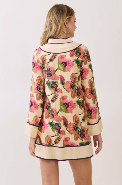 Contrast Trim Shift Mini Dress - Floral Print