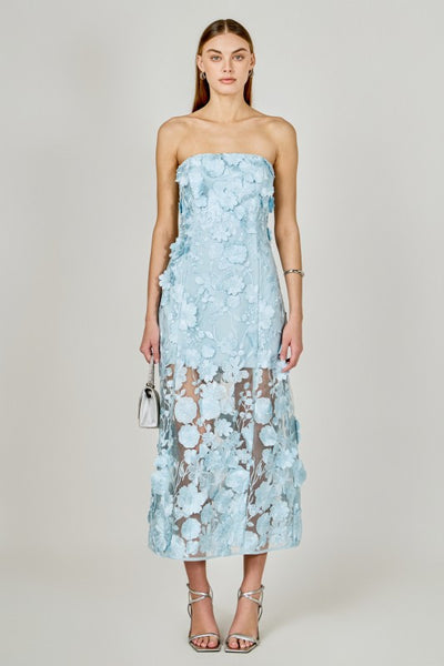 Corsage Floral Emb Maxi Dress - Blue