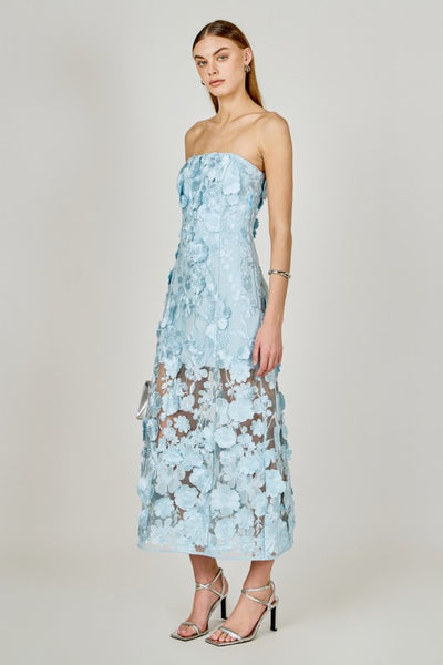 Corsage Floral Emb Maxi Dress - Blue