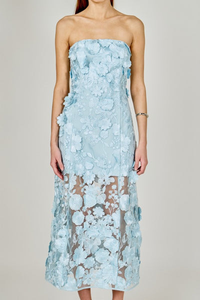 Corsage Floral Emb Maxi Dress - Blue