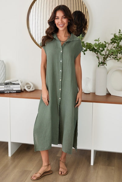 Crinkle Sleeveless Shirt Dress - Army