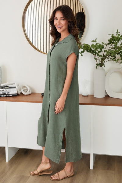Crinkle Sleeveless Shirt Dress - Army