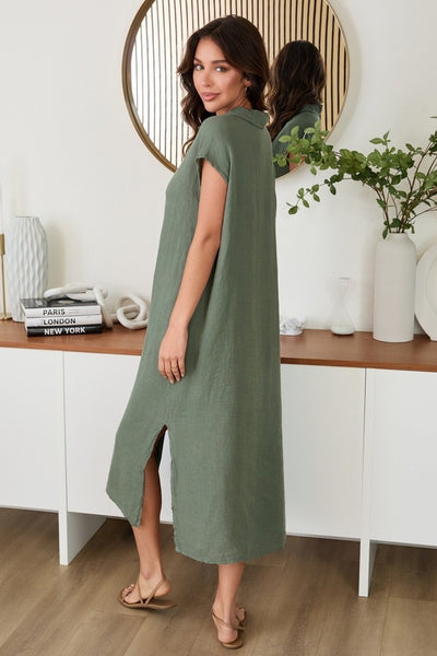 Crinkle Sleeveless Shirt Dress - Army