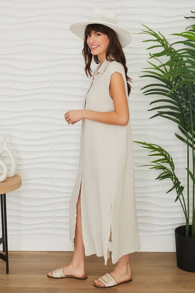 Crinkle Sleeveless Shirt Dress - Beige