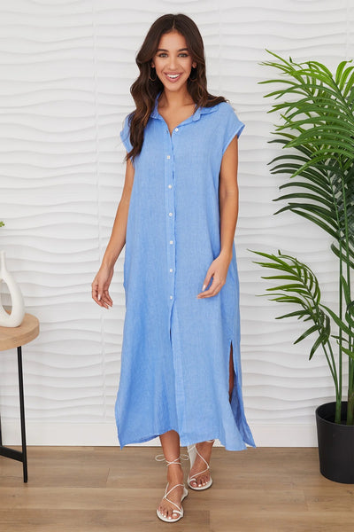 Crinkle Sleeveless Shirt Dress - Blue