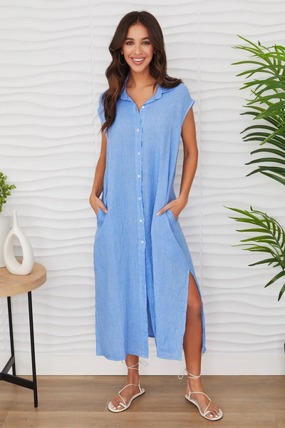 Crinkle Sleeveless Shirt Dress - Blue