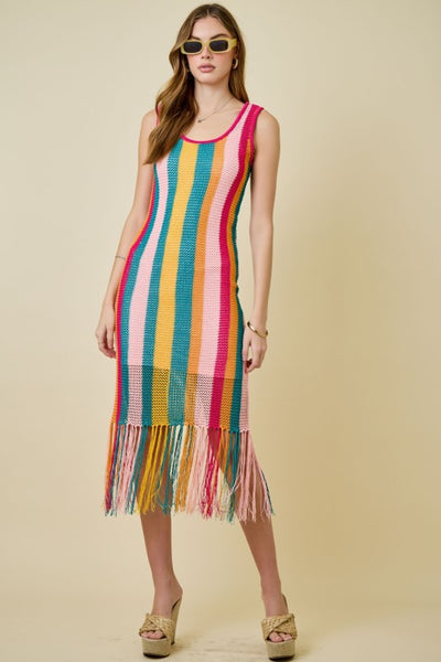 Crochet Cami Knit Fringe Dress - Multi