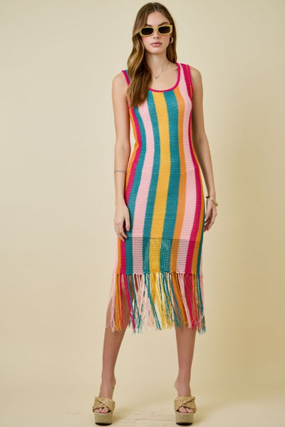Crochet Cami Knit Fringe Dress - Multi