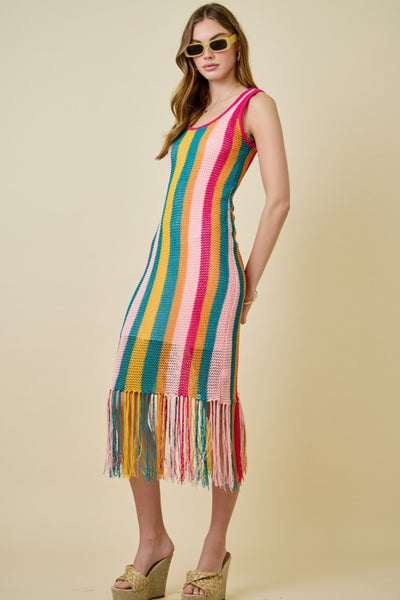 Crochet Cami Knit Fringe Dress - Multi