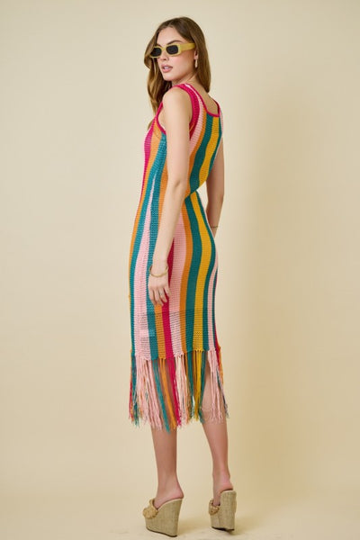 Crochet Cami Knit Fringe Dress - Multi