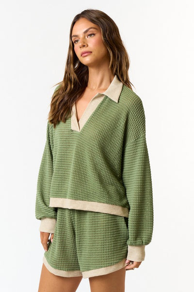 Crochet Knit Polo Top - Sage