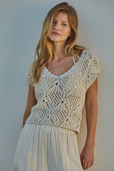 Crochet V Neck Cap Sleeve Top - Natural