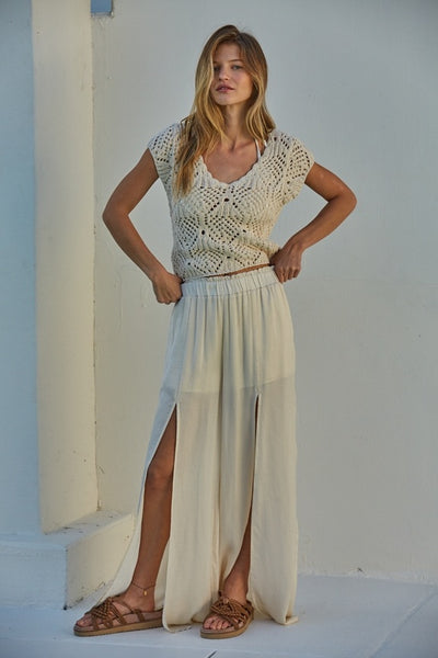 Crochet V Neck Cap Sleeve Top - Natural