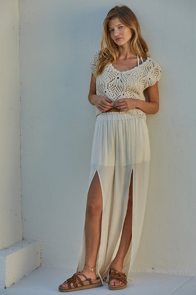 Crochet V Neck Cap Sleeve Top - Natural