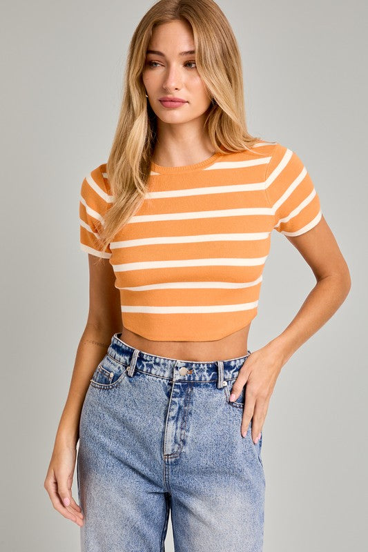 Cropped Ss Stripe Knit Top - Orange