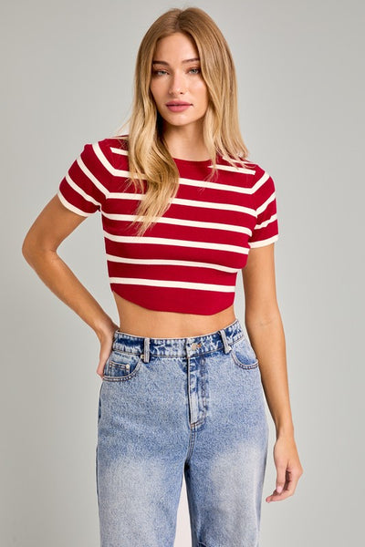 Cropped Ss Stripe Knit Top - Red