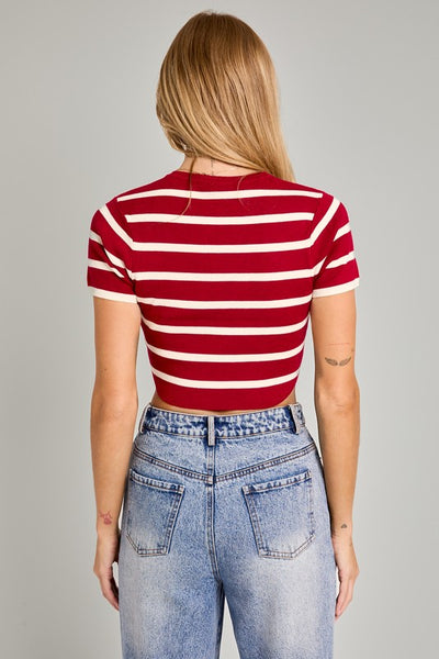 Cropped Ss Stripe Knit Top - Red