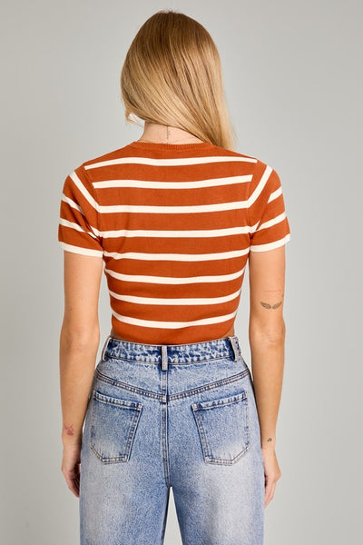 Cropped Ss Stripe Knit Top - Rust