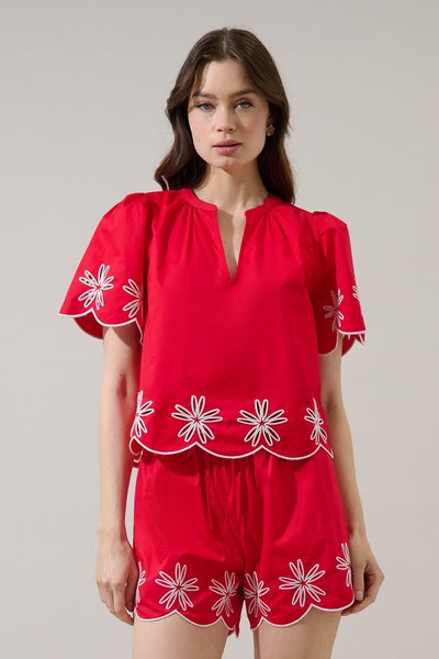 Dayna Emb Scallop Top - Red