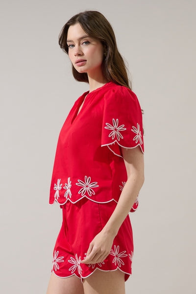 Dayna Emb Scallop Top - Red