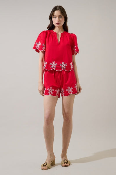 Dayna Emb Scallop Top - Red