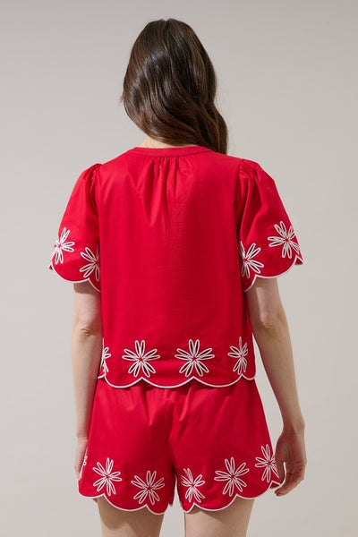 Dayna Emb Scallop Top - Red