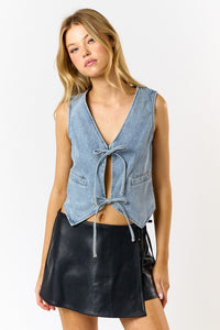 Denim Tie Front Vest - Denim