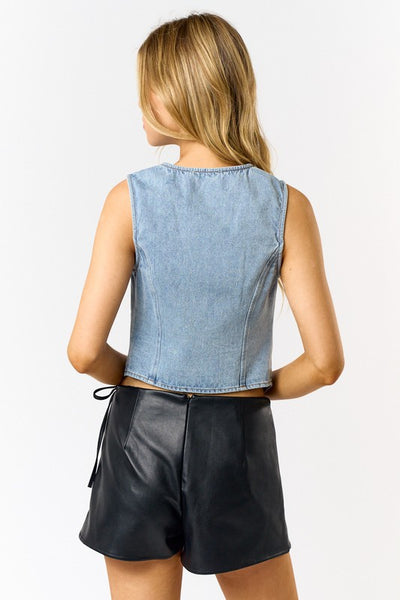 Denim Tie Front Vest - Denim