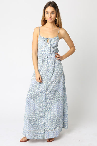 Ditsy Damask Print Dress - Blue