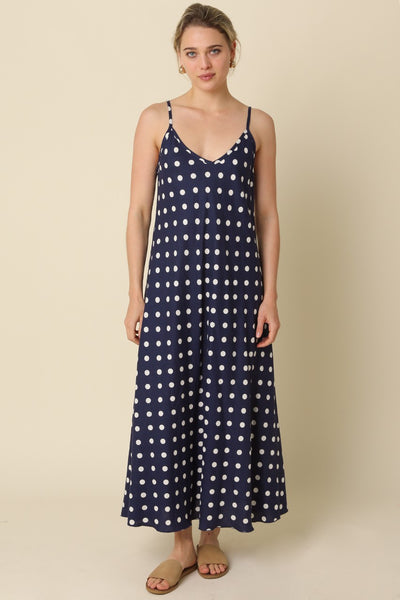 Doris Polka Dot V Neck Maxi - Navy