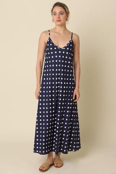 Doris Polka Dot V Neck Maxi - Navy