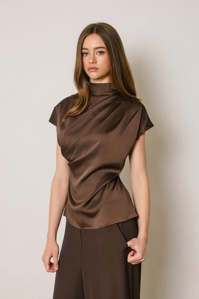 Draped Satin Mock Neck Blouse - Brown