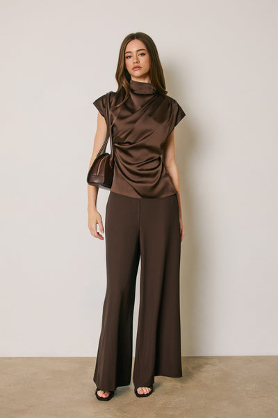 Draped Satin Mock Neck Blouse - Brown