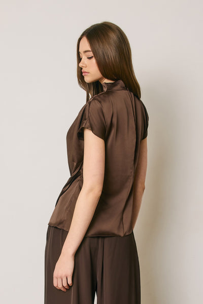 Draped Satin Mock Neck Blouse - Brown