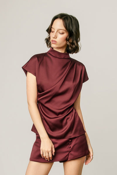 Draped Satin Mock Neck Blouse - Burgundy