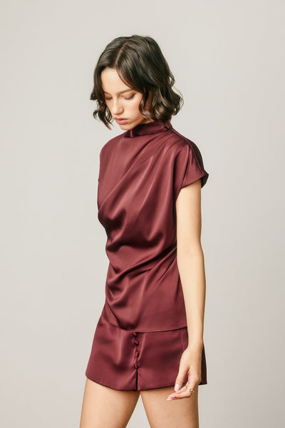 Draped Satin Mock Neck Blouse - Burgundy