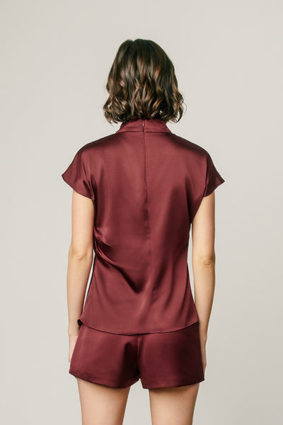 Draped Satin Mock Neck Blouse - Burgundy