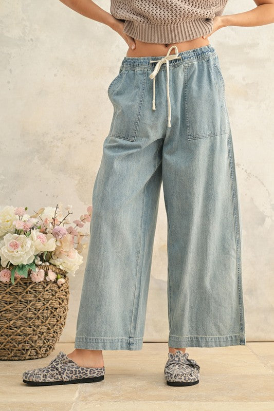 Elastic Band Denim Pants - Denim