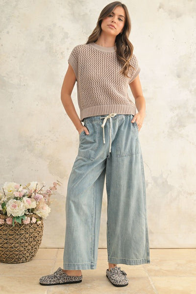Elastic Band Denim Pants - Denim