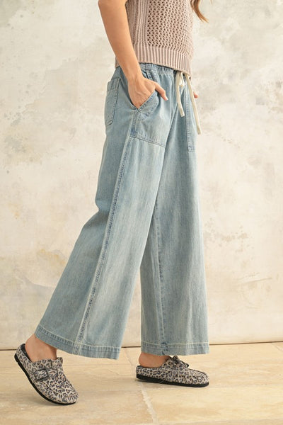 Elastic Band Denim Pants - Denim