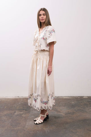 Emb Floral Front Tie Blouse - Cream