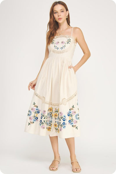 Emb Floral Lace Trim Midi - Oatmeal