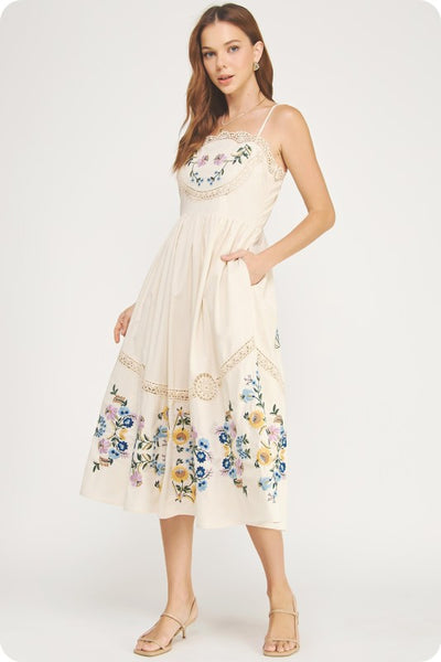Emb Floral Lace Trim Midi - Oatmeal