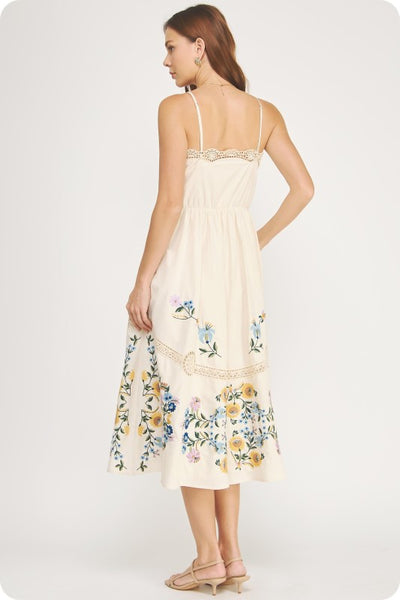 Emb Floral Lace Trim Midi - Oatmeal